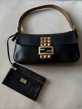 Rare Fendi Black Leather Studded Baguette